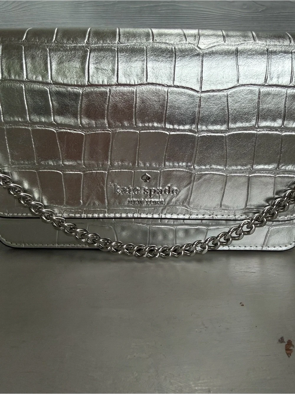 kate spade Metallic Silver Croc-Embossed Chain Crossbody Bag